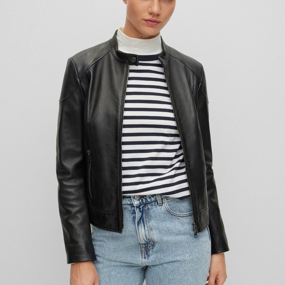 Hugo Boss women's black leather jacket size 12